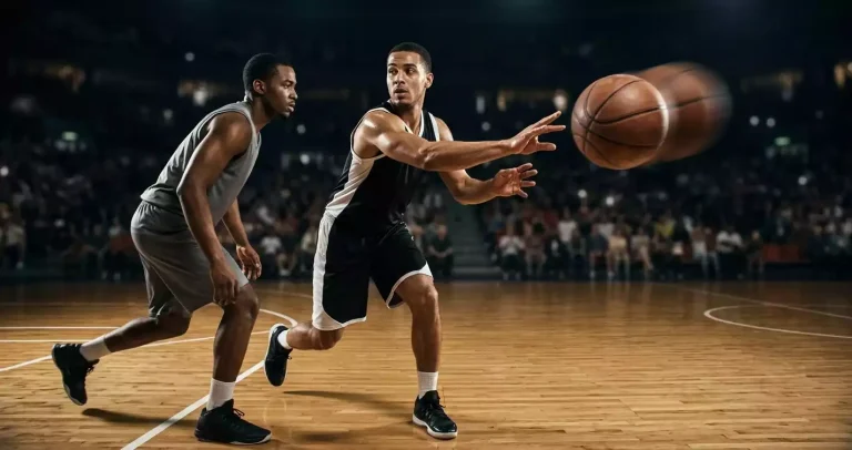 NBA point guard threading a no-look pass through traffic to a teammate cutting to the basket