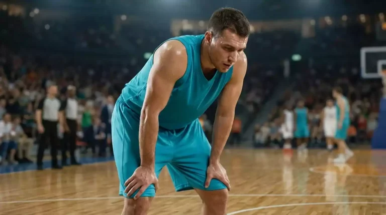 NBA player resting with his hands on his knees on the hardwood court between plays