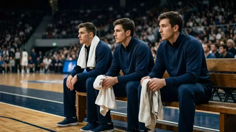 NBA bench players in warm-ups watching the late game from the sideline bench