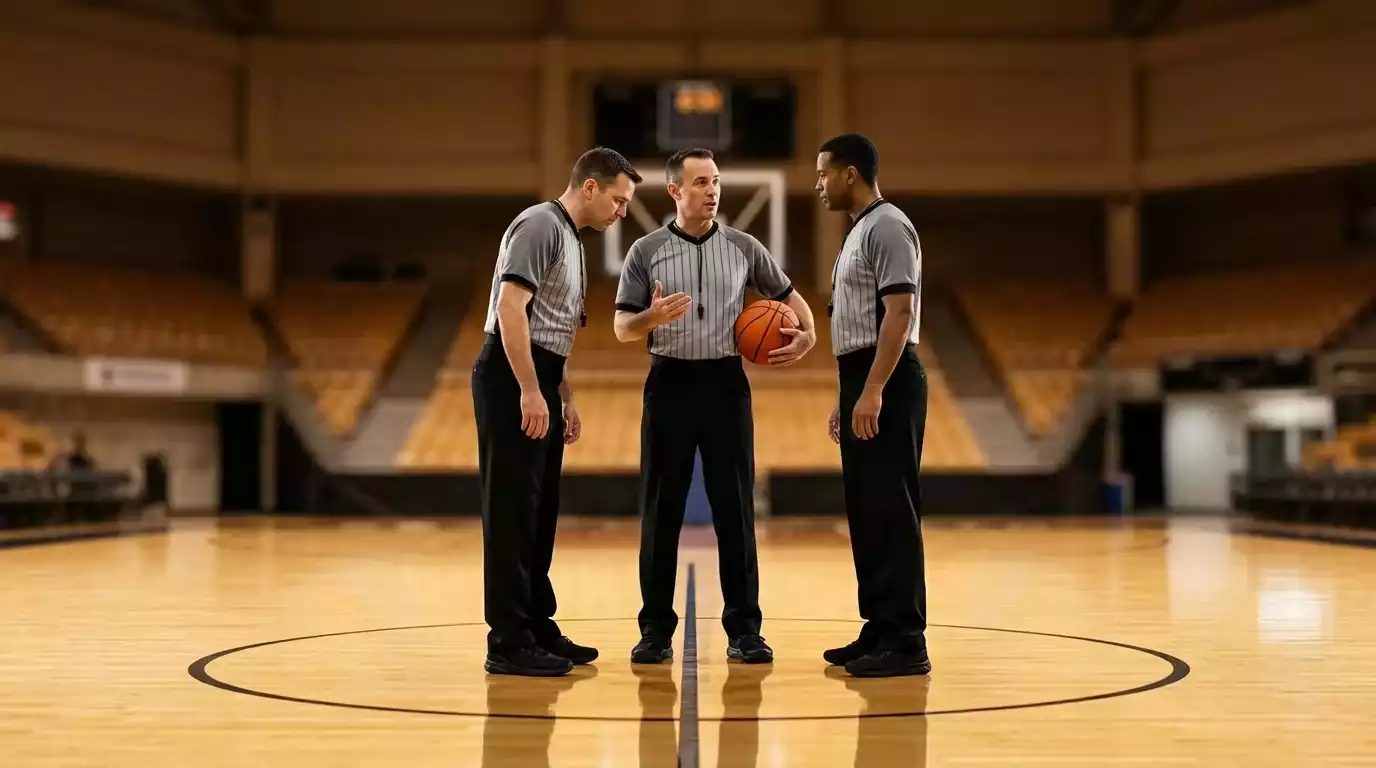 NBA referees consulting at centre court during an arena game