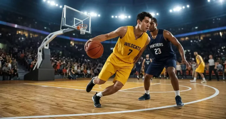 NBA forward driving past a defender to the basket with the ball in the front court