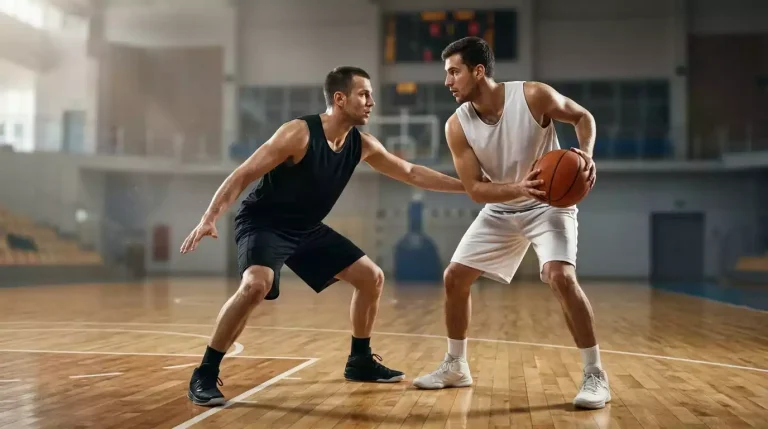 NBA defender in a low stance pressuring an offensive player with the ball