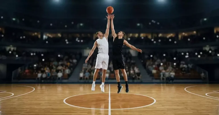 Two NBA centres at centre court reaching for the ball during the opening tip-off