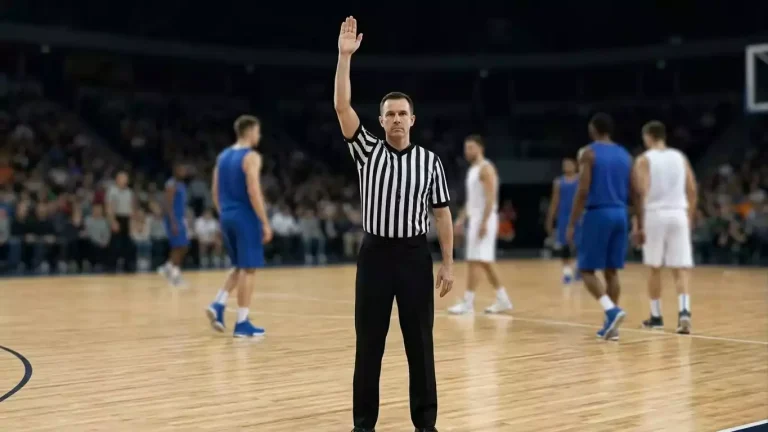 NBA referee signalling a personal foul with his arm raised on the court