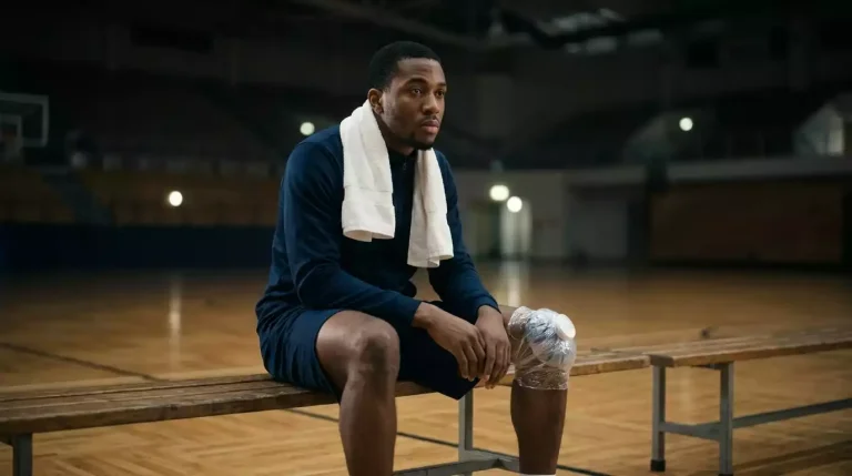 NBA player sitting on the bench in warm-ups with a towel around his neck