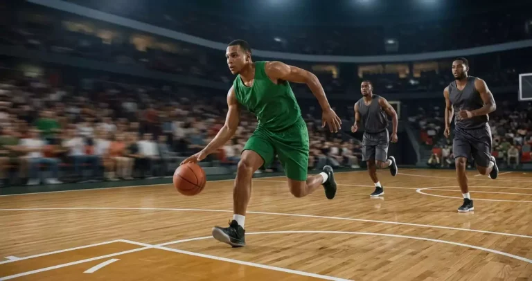 NBA guard sprinting on a fast break with the basketball during live game action
