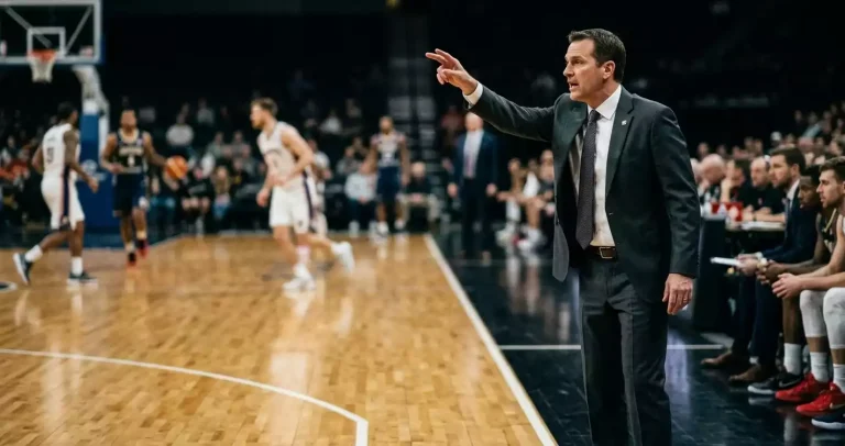 NBA head coach standing on the sideline directing his rotation with the game clock visible