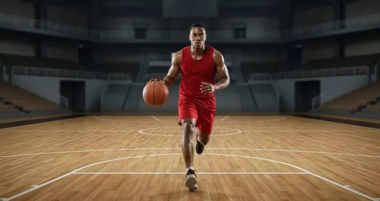 NBA player pushing the ball in transition with the full court visible behind him