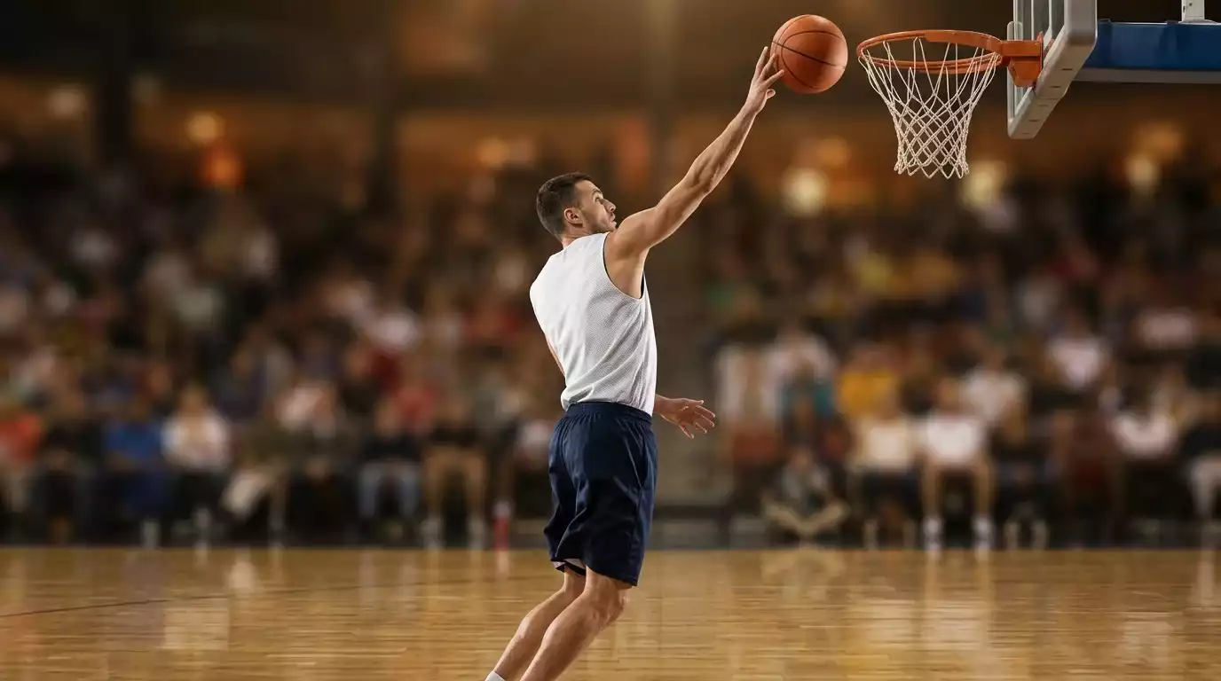 NBA player taking a fadeaway jump shot during a regular season game