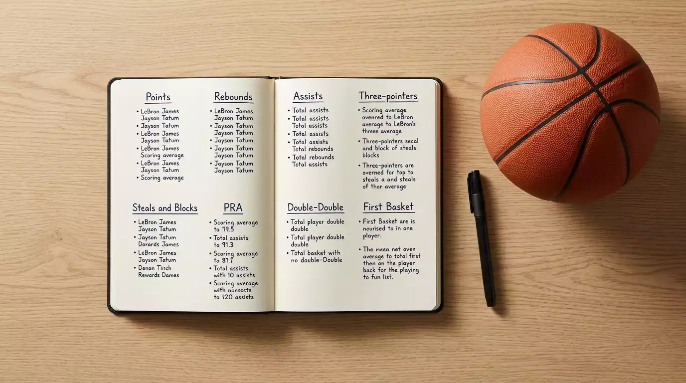 Hand-written notes listing NBA player prop market types including points, rebounds and assists