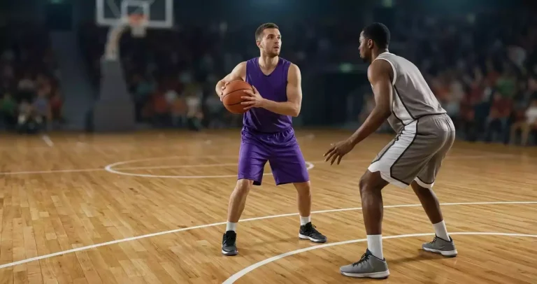 NBA all-round forward holding the basketball at the top of the key surveying the court