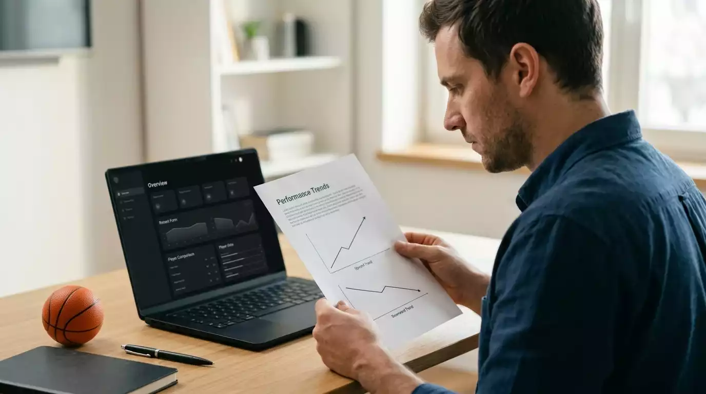 An analyst reading NBA pace and usage rate notes alongside a laptop