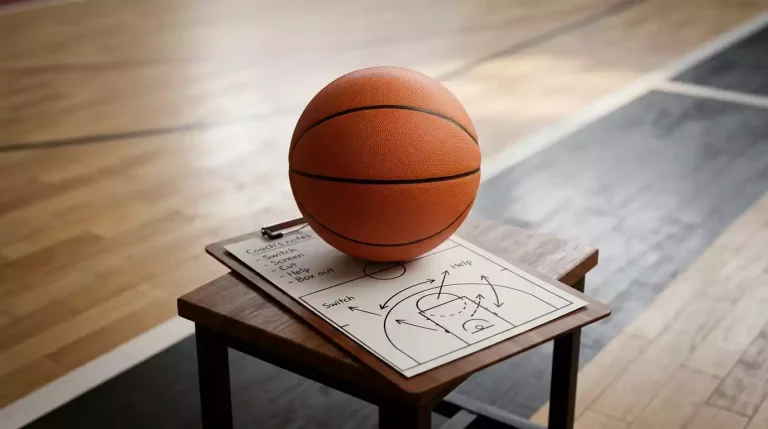 NBA basketball resting on a clipboard with handwritten notes on a coach side table