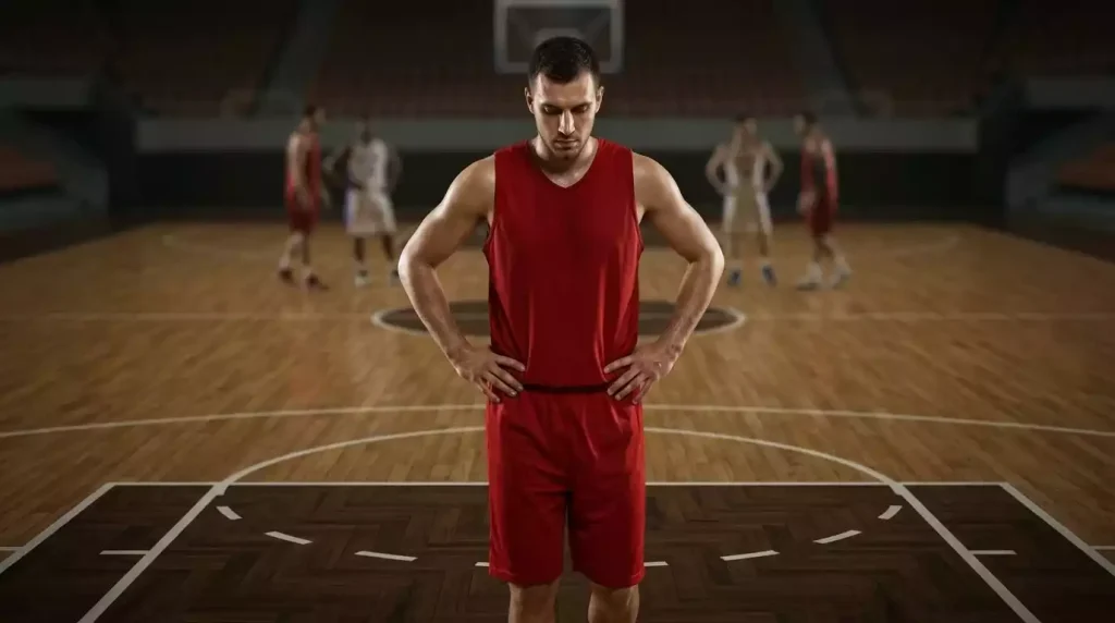 NBA player walking off the court after a missed shot with head slightly lowered