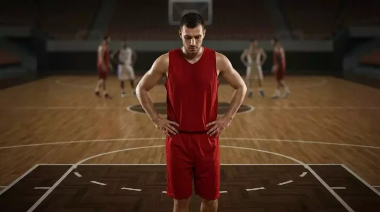 NBA player walking off the court after a missed shot with head slightly lowered