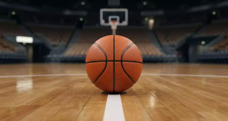 NBA basketball resting on the hardwood court at the free throw line