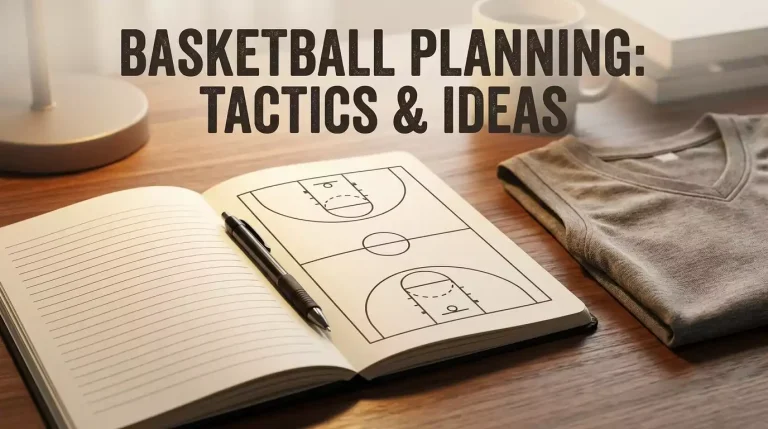 Open notebook with a basic line-drawn basketball court diagram on a wooden desk
