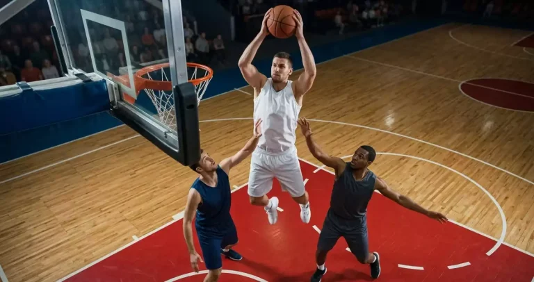 NBA power forward jumping high to grab a defensive rebound above other players in the paint