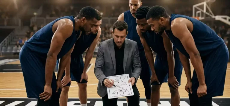 NBA head coach drawing a play on a tactical clipboard during a timeout