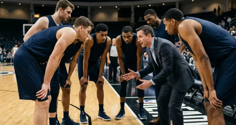 NBA team huddle on the sideline during a timeout with coach and players gathered together