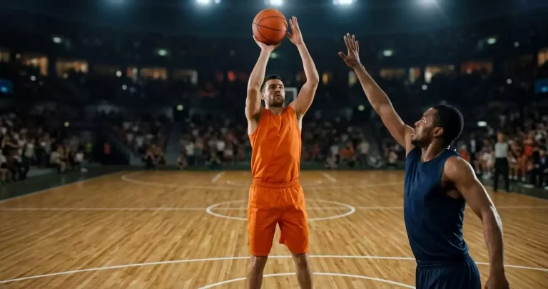 NBA player elevating for a contested mid-range jump shot inside the arc