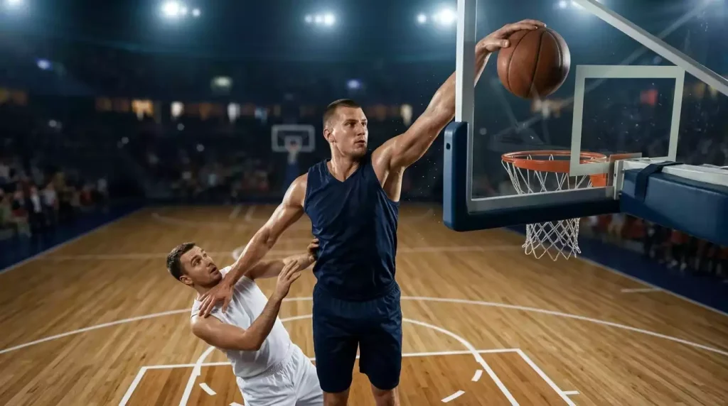 NBA centre rising above the rim to block a layup attempt at the basket