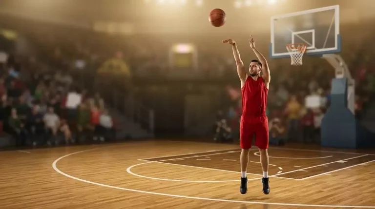 NBA shooter elevating behind the three-point arc with the ball released toward the basket