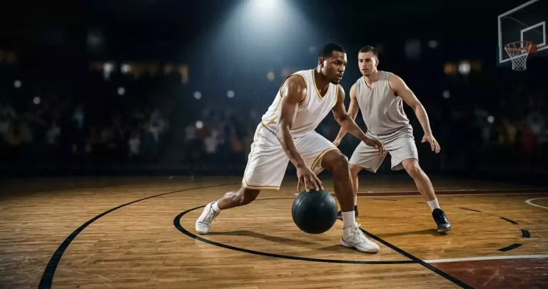 NBA star player dribbling the basketball at the top of the arc preparing to attack