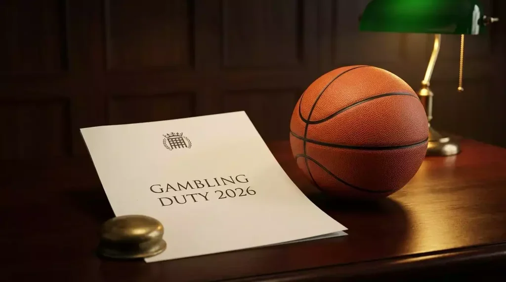 HMRC Autumn Budget policy paper showing Remote Gaming Duty and General Betting Duty changes alongside a UK NBA bet slip