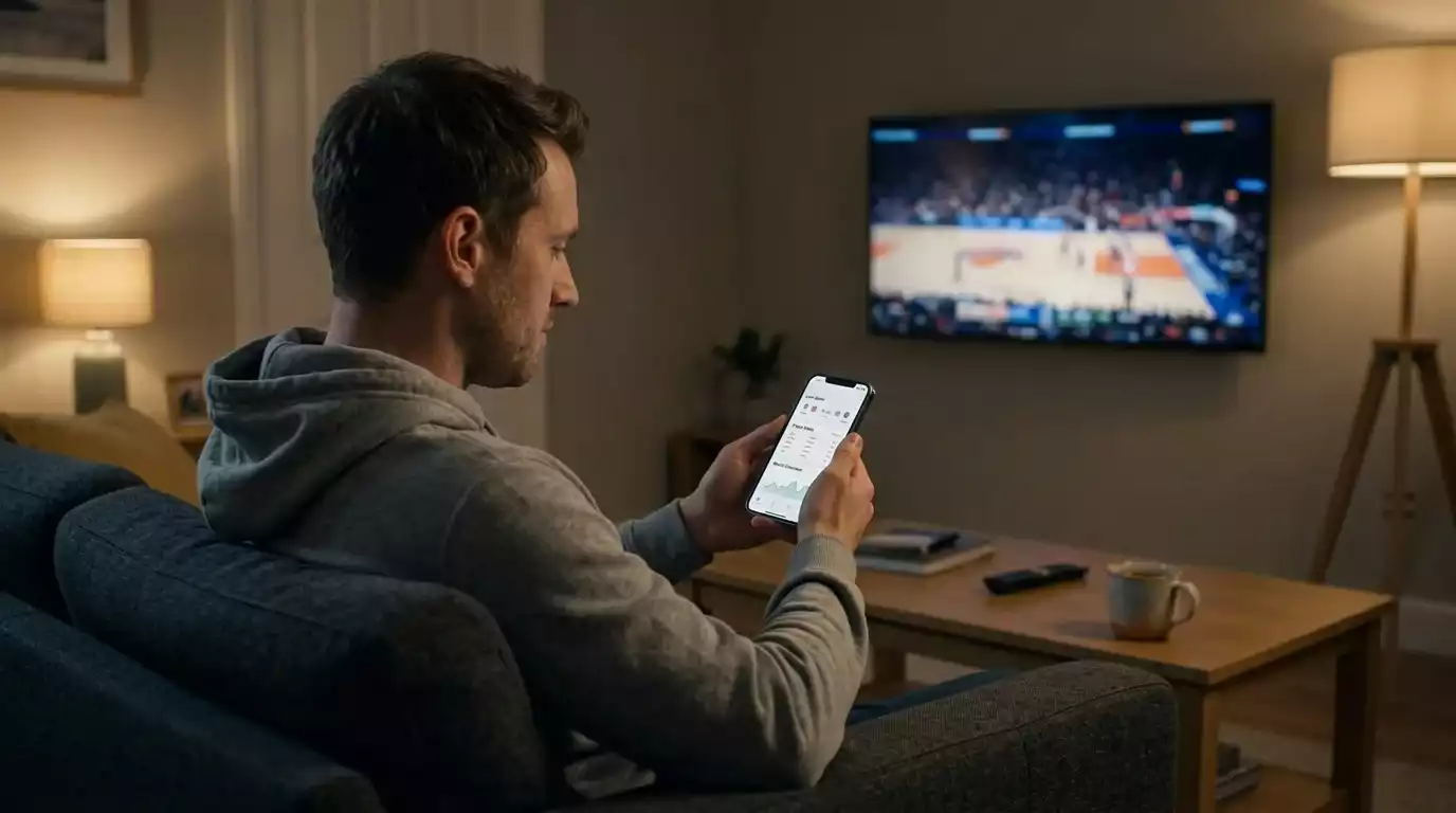 A UK bettor checking NBA player prop lines on a mobile phone late at night